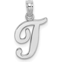 14K White Gold Script Letter T Initial Pendant with Rhodium Plating by Oro Pregiato