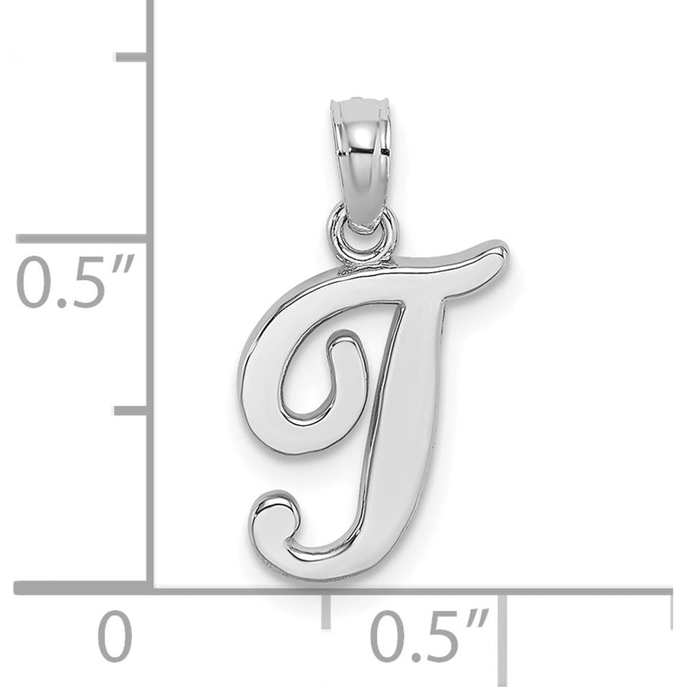14K White Gold Script Letter T Initial Pendant with Rhodium Plating by Oro Pregiato