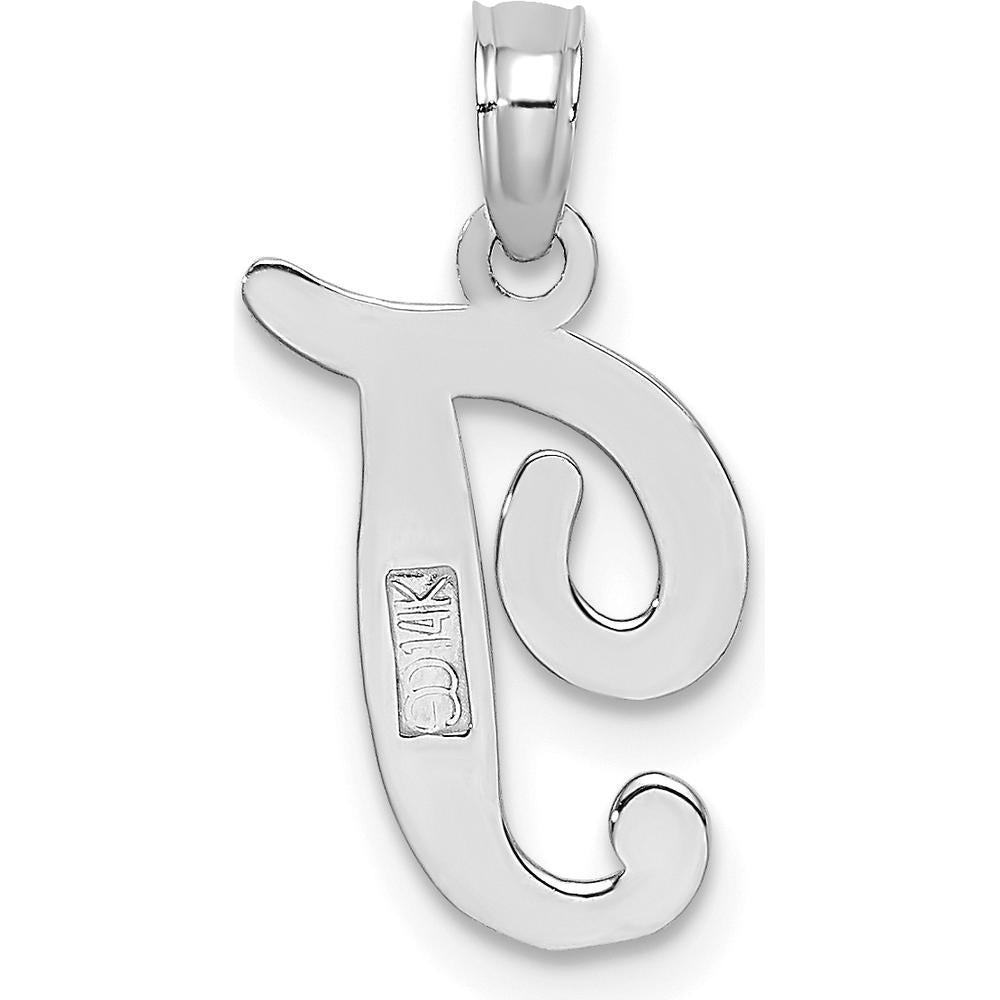 14K White Gold Script Letter T Initial Pendant with Rhodium Plating by Oro Pregiato