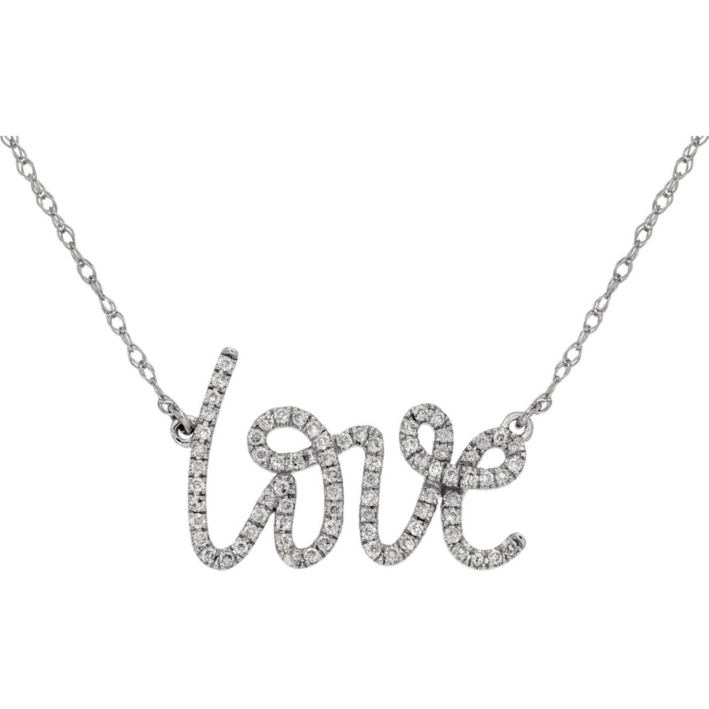 14K White Gold Script Love Pendant Necklace with Round Brilliant Cut Diamonds - 0.22 Carat Total Diamond Weight - Royal Jewelry