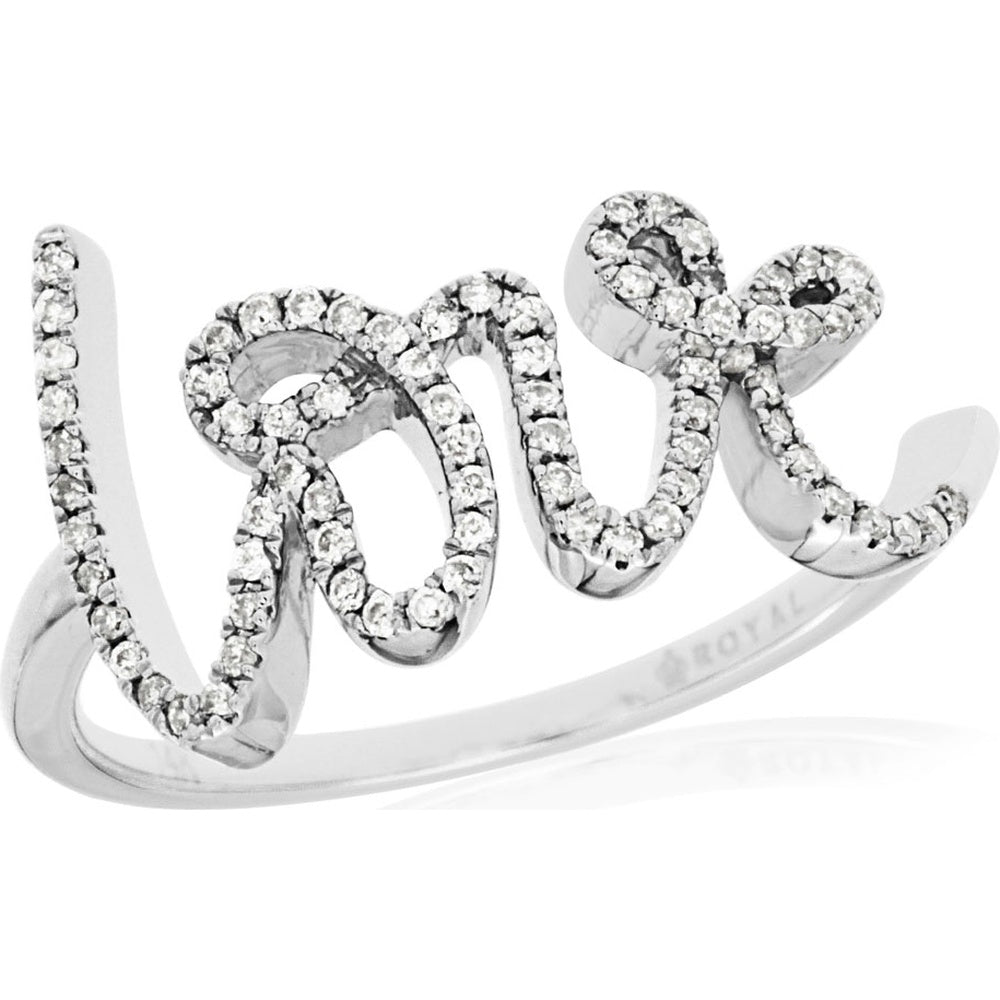 14K White Gold Script Love Ring with Prong-Set Round Diamonds - 0.22 Carat Total Diamond Weight - Royal Jewelry