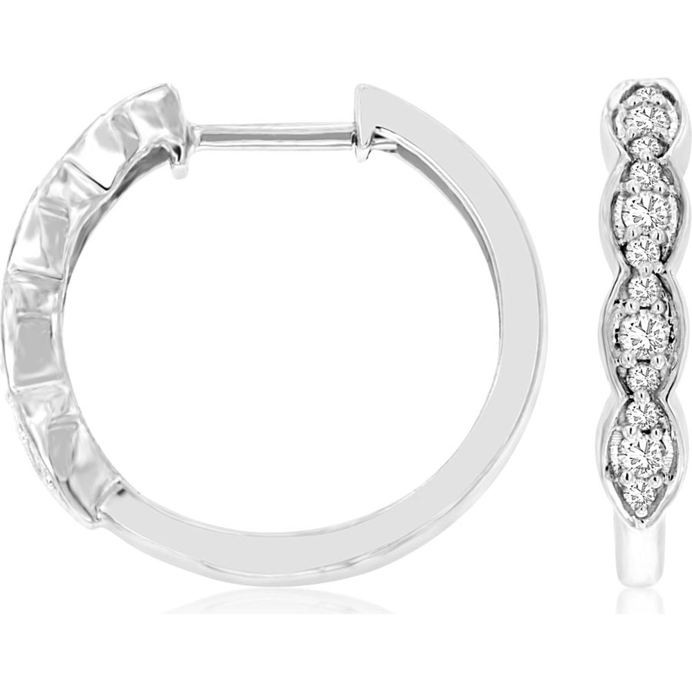 14K White Gold Sculpted Wave Small Hoop Earrings with Prong-Set Round Diamonds - 0.22 Carat Total Diamond Weight - Royal Jewelry