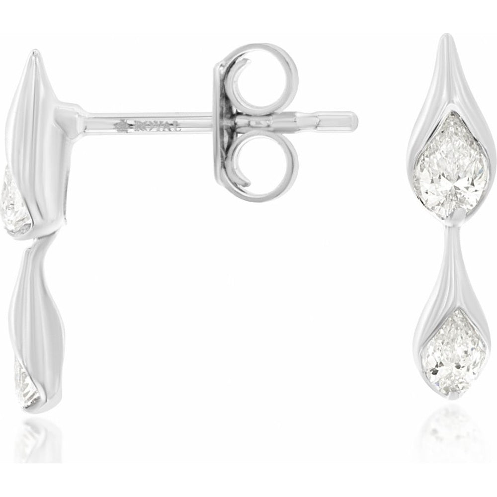 14K White Gold Sculptural Drop Earrings with Bezel-Set Marquise Diamonds - 0.30 Carat Total Diamond Weight - Royal Jewelry