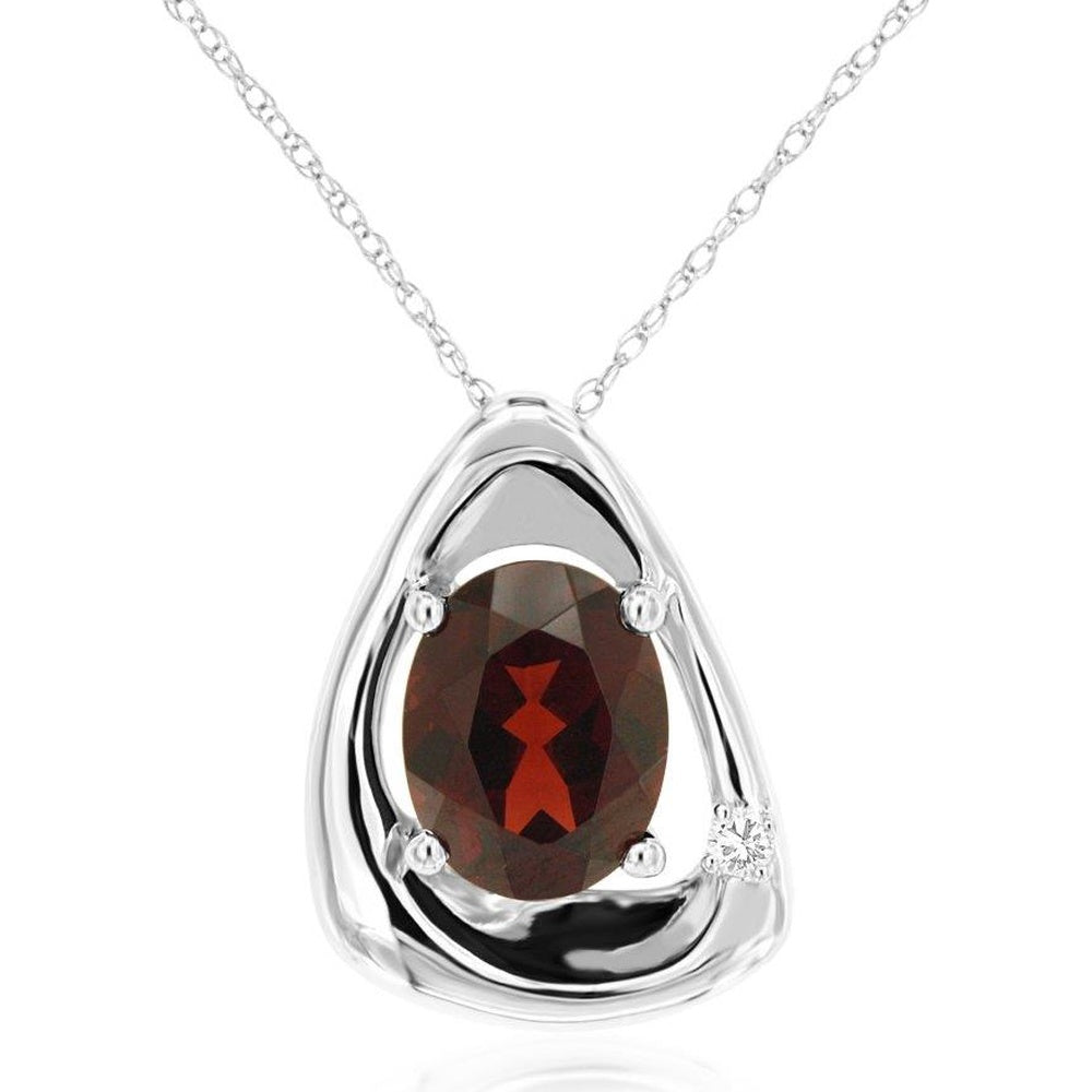 14K White Gold Sculptural Pendant with 2.20 Carat Oval Garnet and Diamond Accent - 0.02 Carat Total Diamond Weight - Royal Jewelry