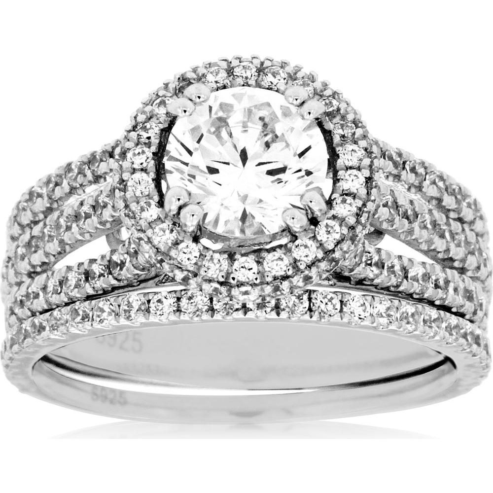 14K White Gold Semi-Mount Bridal Set with 1.08 Carat Round Diamond Halo and Milgrain Detailing for Custom Center Stone - Royal Jewelry