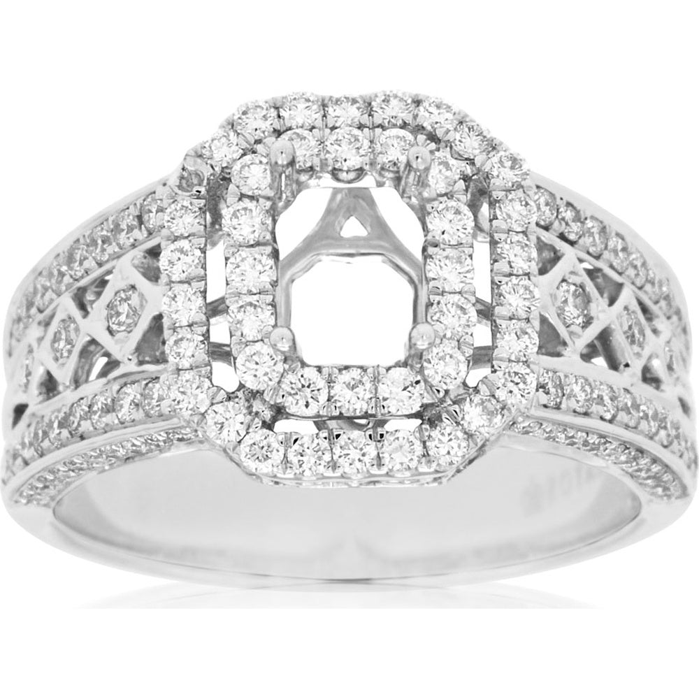 14K White Gold Semi-Mount Engagement Ring with Double Halo and Openwork Band - 0.95 Carat Total Diamond Weight - Royal Jewelry