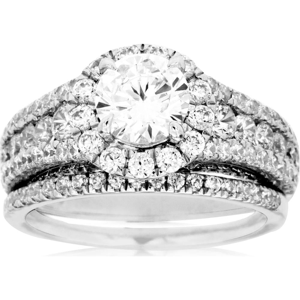 14K White Gold Semi Mount Halo Ring with Integrated Wedding Band and Round Cut Diamond Setting - 1.60 Carat Total Diamond Weight - Royal Jewelry