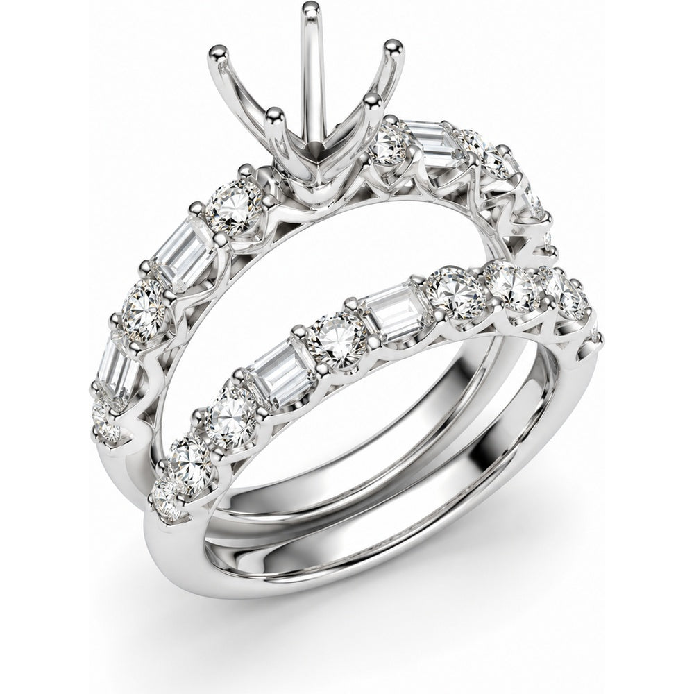 14K White Gold Semi-Mount Ring with Alternating Round and Baguette Diamonds - 2.03 Carat Total Diamond Weight by Auriventus