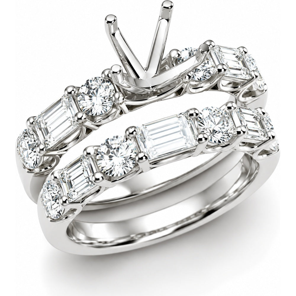 14K White Gold Semi-Mount Ring with Alternating Round and Emerald Cut Diamonds - 2.95 Carat Total Diamond Weight by Auriventus