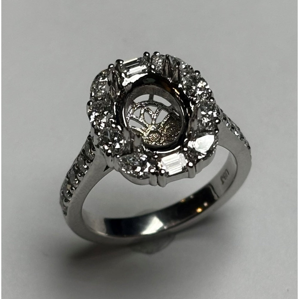 14K White Gold Semi-Mount Ring with Baguette and Round Diamond Halo - 1.37 Carat Total Diamond Weight by Auriventus