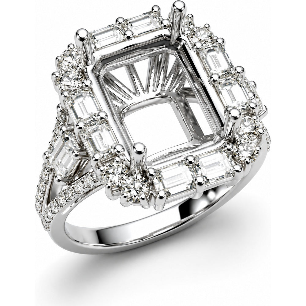 14K White Gold Semi-Mount Ring with Halo and Baguette Diamond Accents - 1.97 Carat Total Diamond Weight by Auriventus