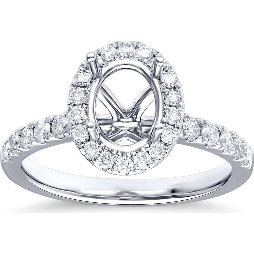 14K White Gold Semi-Mount Ring with Oval Diamond Halo and Pavé Band - 0.81 Carat Total Diamond Weight by Auriventus