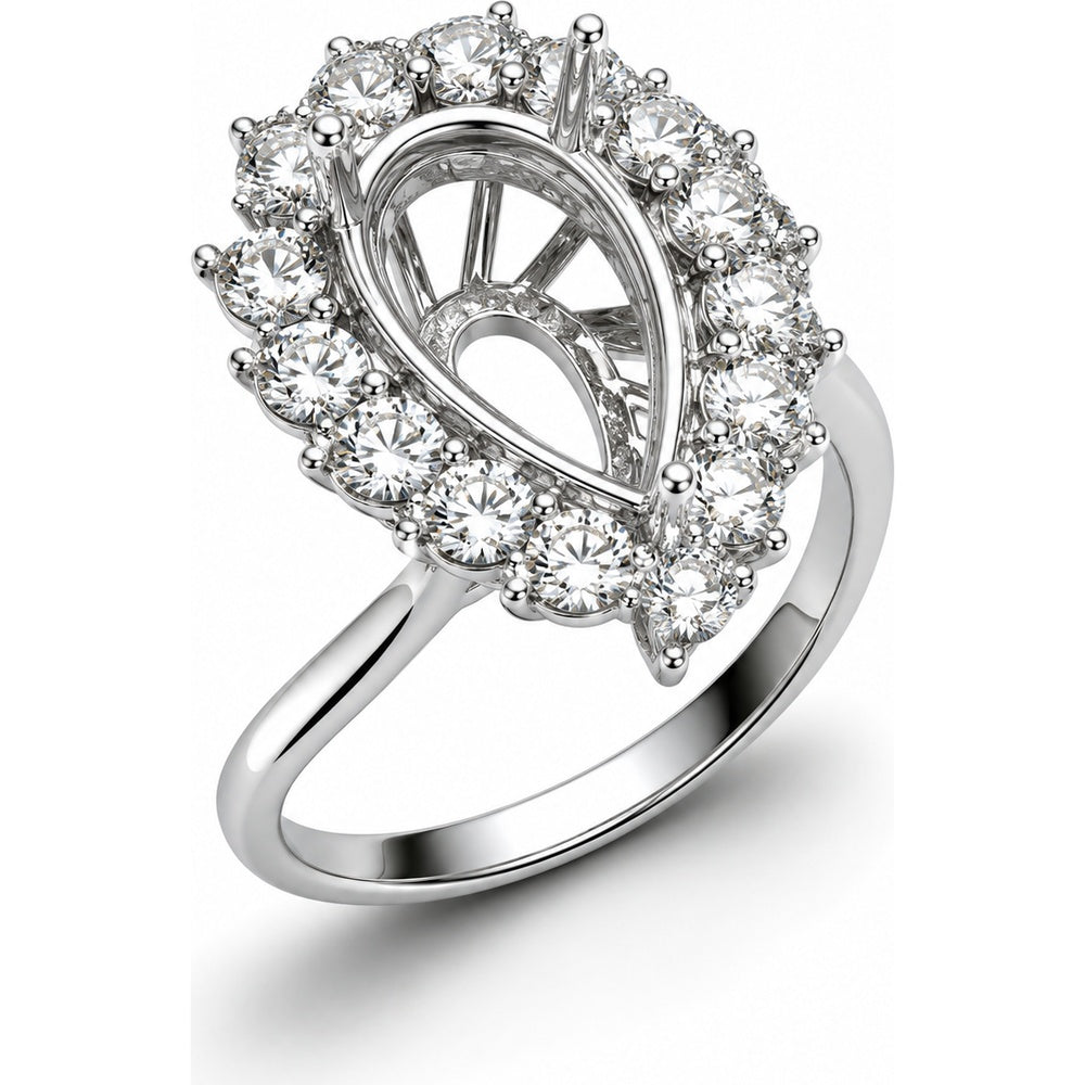 14K White Gold Semi-Mount Ring with Pear-Shaped Head and Halo Set Round Diamonds - 1.12 Carat Total Diamond Weight by Auriventus