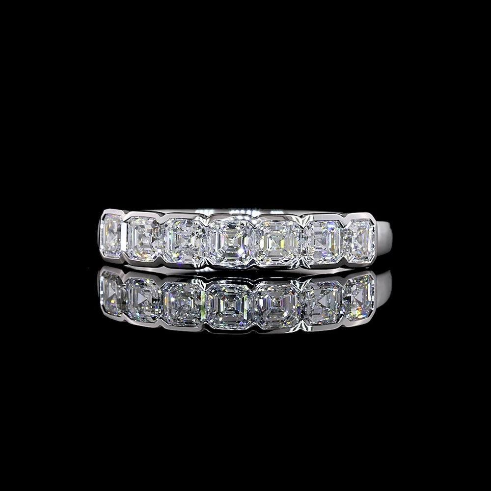 14K White Gold Seven Stone Eternity Band with Half-Bezel Set Asscher Cut Lab Diamonds - 1.00 Carat Total Weight - Covaloro Fine Jewelry