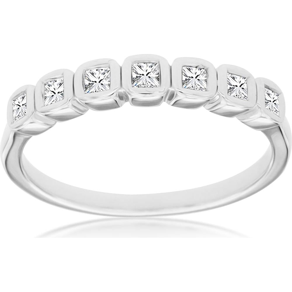 14K White Gold Seven-Stone Wedding Band with Bezel-Set Princess Cut Diamonds - 0.25 Carat Total Diamond Weight - Royal Jewelry