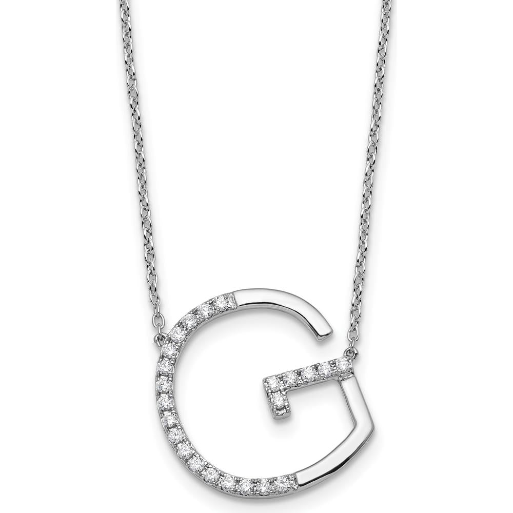 14K White Gold Sideways Diamond Initial G Necklace - Personalized 18" Pendant with Diamonds by Oro Pregiato