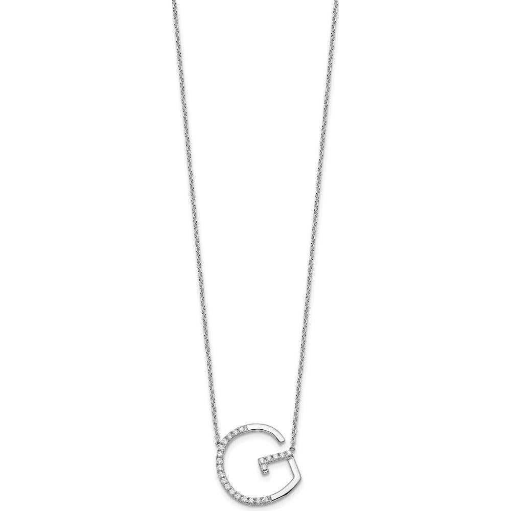 14K White Gold Sideways Diamond Initial G Necklace - Personalized 18" Pendant with Diamonds by Oro Pregiato