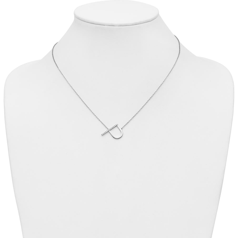 14K White Gold Sideways Diamond Initial "P" Necklace - 18" Cable Chain with Rhodium Plating by Oro Pregiato