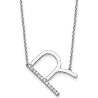 14K White Gold Sideways Diamond Initial R Necklace with Polished Finish - 0.15 Carat Total Diamond Weight by Oro Pregiato