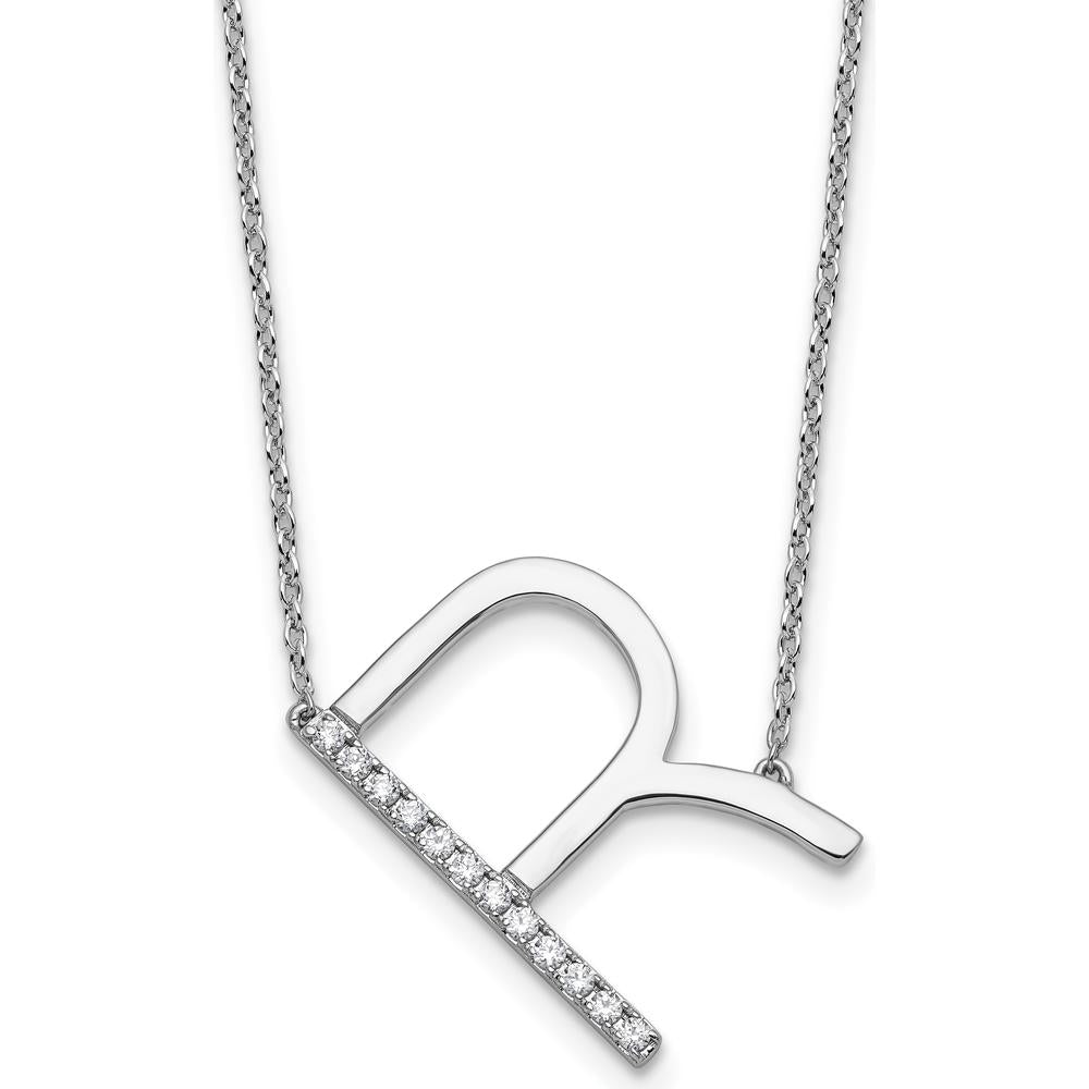 14K White Gold Sideways Diamond Initial R Necklace with Polished Finish - 0.15 Carat Total Diamond Weight by Oro Pregiato