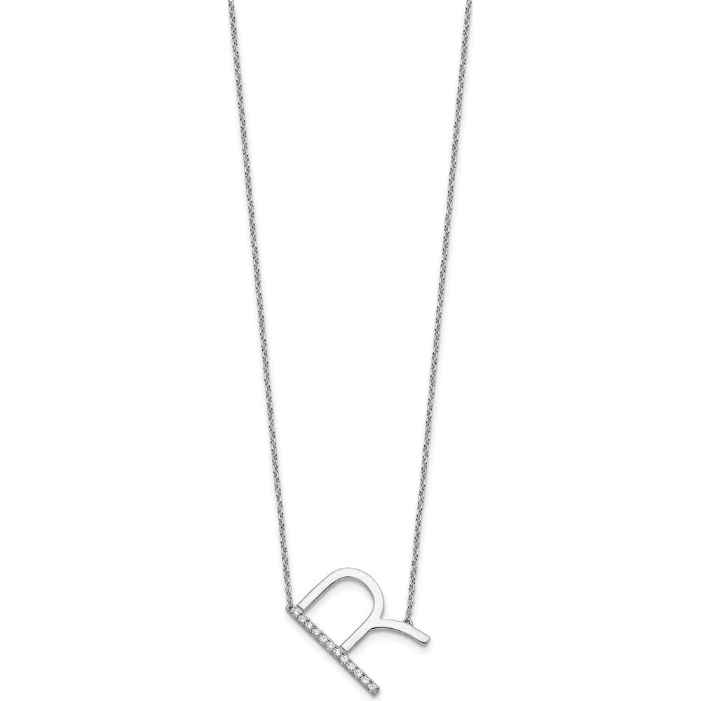 14K White Gold Sideways Diamond Initial R Necklace with Polished Finish - 0.15 Carat Total Diamond Weight by Oro Pregiato