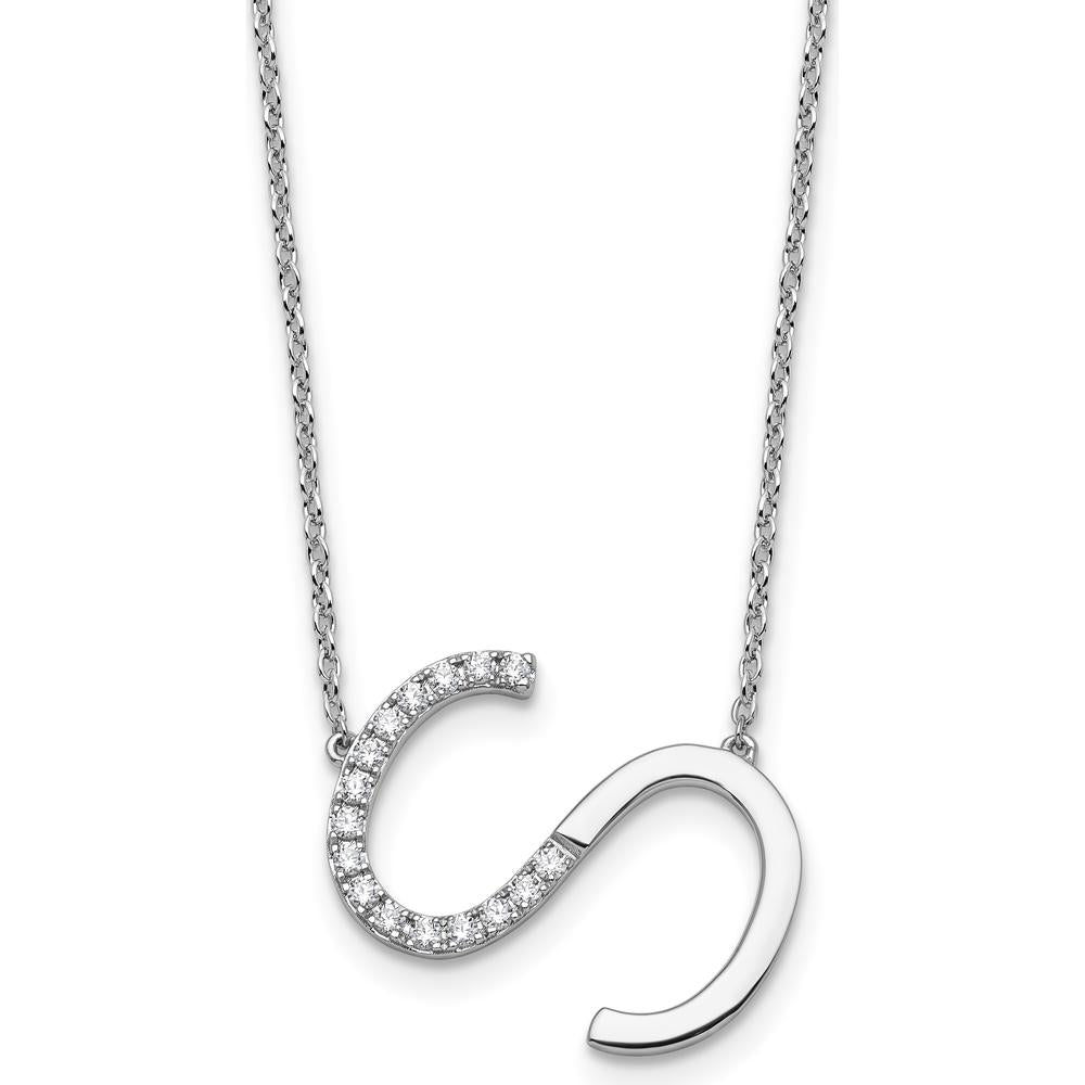 14K White Gold Sideways Diamond Initial "S" Pendant Necklace - 18" Cable Chain with Diamonds by Oro Pregiato