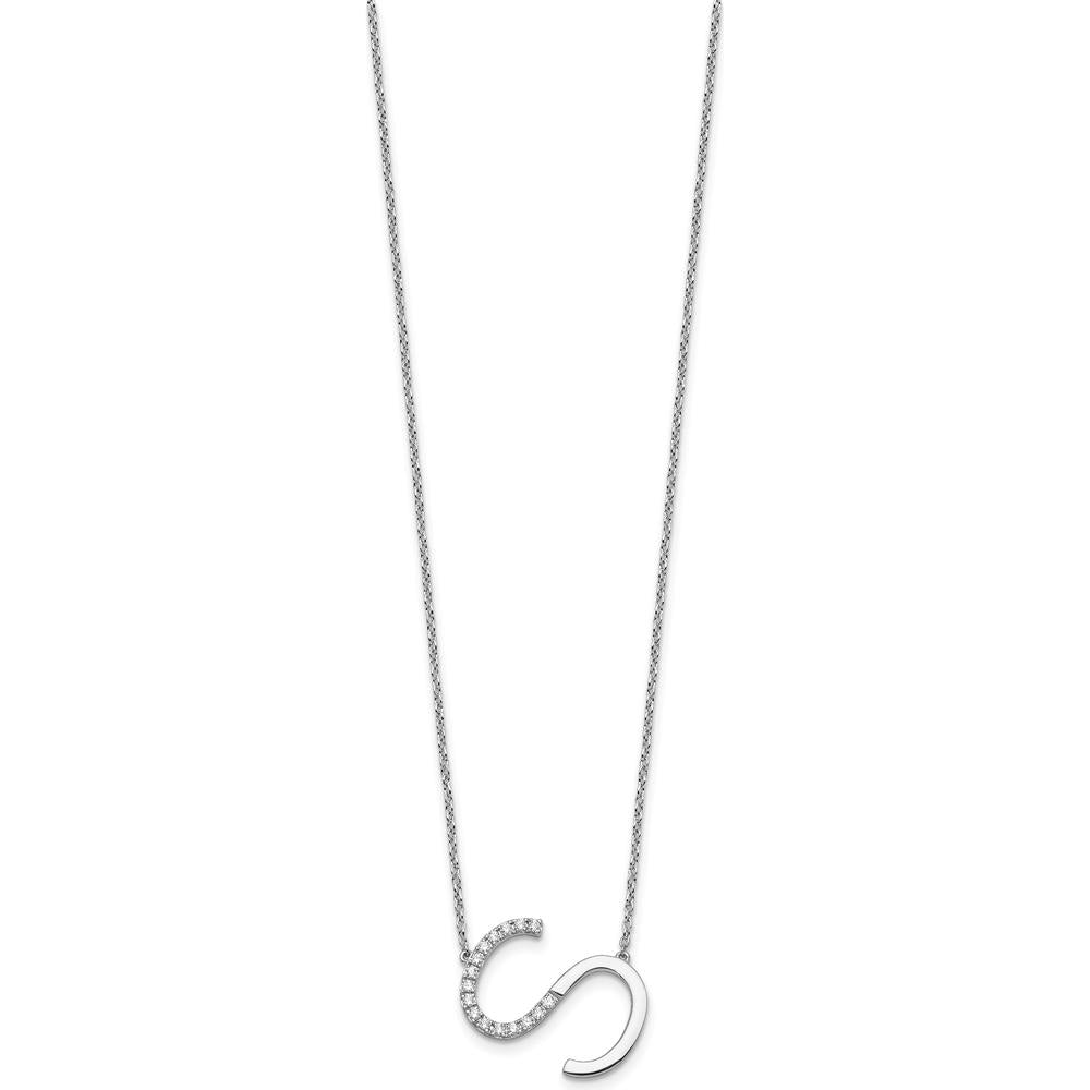 14K White Gold Sideways Diamond Initial "S" Pendant Necklace - 18" Cable Chain with Diamonds by Oro Pregiato