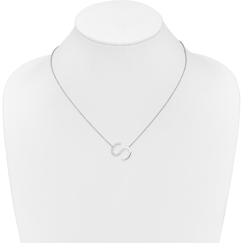 14K White Gold Sideways Diamond Initial "S" Pendant Necklace - 18" Cable Chain with Diamonds by Oro Pregiato