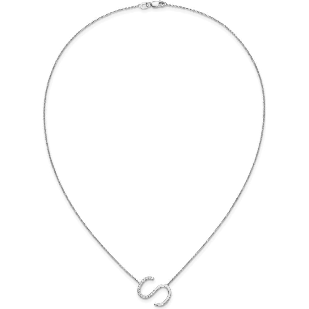 14K White Gold Sideways Diamond Initial "S" Pendant Necklace - 18" Cable Chain with Diamonds by Oro Pregiato