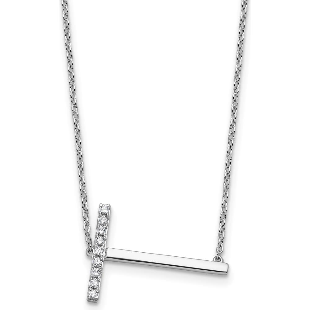 14K White Gold Sideways Diamond Initial T Necklace with Polished Cable Chain - 0.10 Carat Total Diamond Weight by Oro Pregiato