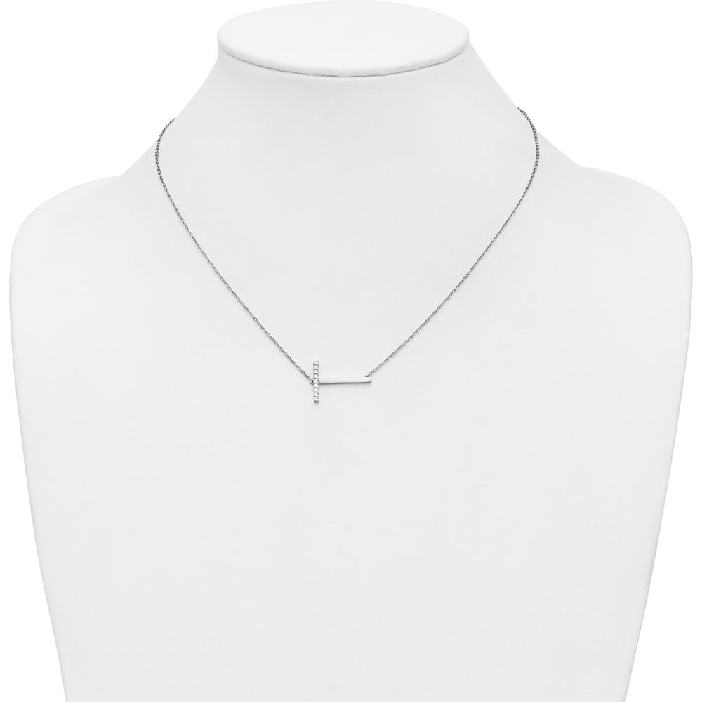 14K White Gold Sideways Diamond Initial T Necklace with Polished Cable Chain - 0.10 Carat Total Diamond Weight by Oro Pregiato