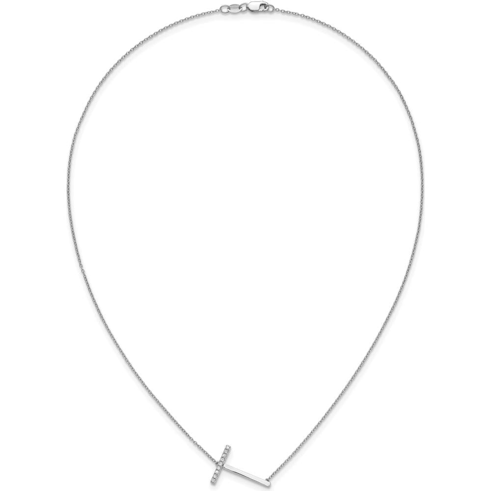 14K White Gold Sideways Diamond Initial T Necklace with Polished Cable Chain - 0.10 Carat Total Diamond Weight by Oro Pregiato