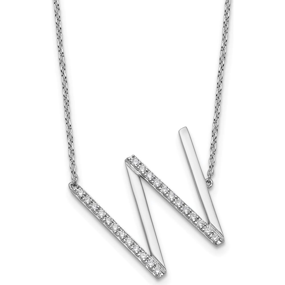 14K White Gold Sideways Diamond Initial W Necklace with Rhodium Plating - 0.15 Carat Diamond Weight by Oro Pregiato