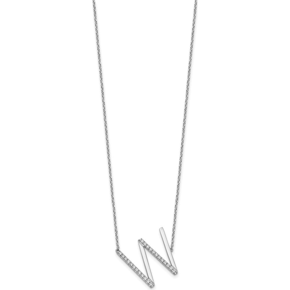 14K White Gold Sideways Diamond Initial W Necklace with Rhodium Plating - 0.15 Carat Diamond Weight by Oro Pregiato