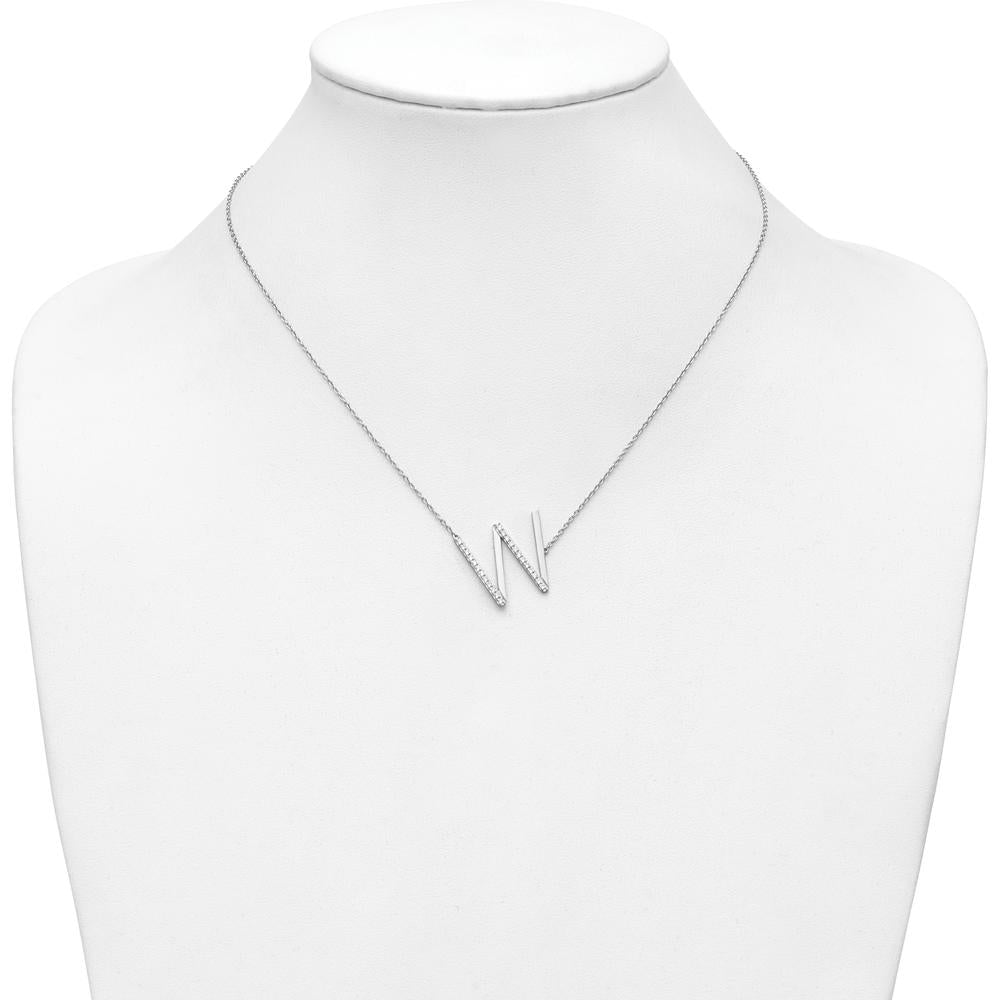 14K White Gold Sideways Diamond Initial W Necklace with Rhodium Plating - 0.15 Carat Diamond Weight by Oro Pregiato