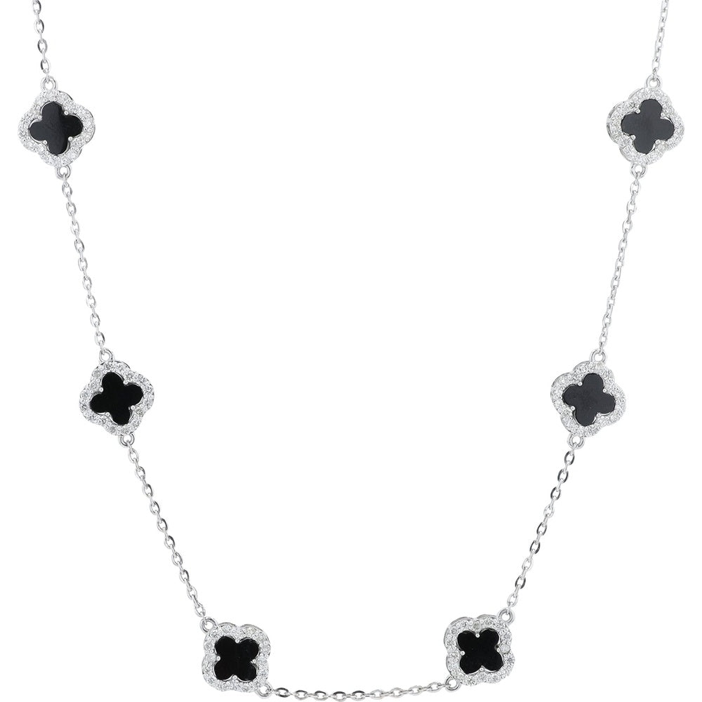 14K White Gold Six-Station Clover Necklace with Prong-Set Black Onyx and Diamond Halo - 1.16 Carat Total Diamond Weight