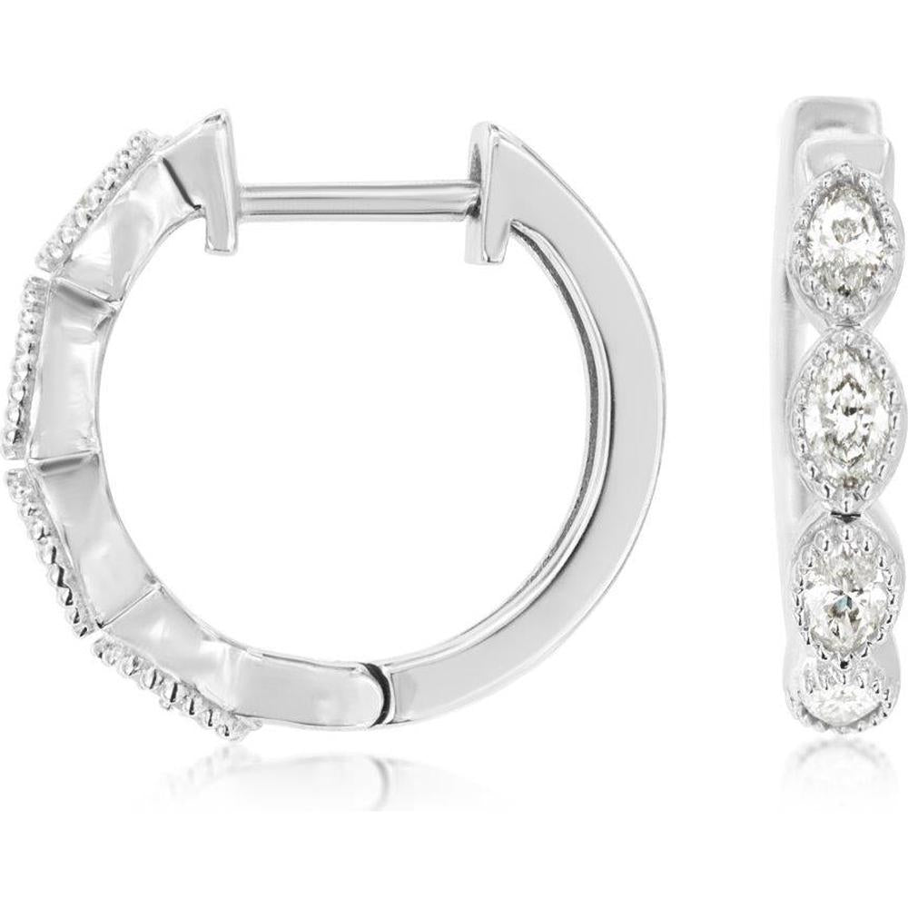 14K White Gold Small Diamond Hoop Earrings with Milgrain Detail - 0.45 Carat Total Diamond Weight - Royal Jewelry
