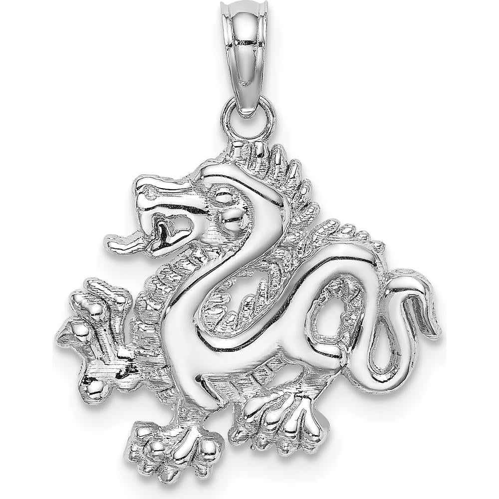 14K White Gold Small Dragon Charm Pendant with Rhodium Plating by Oro Pregiato