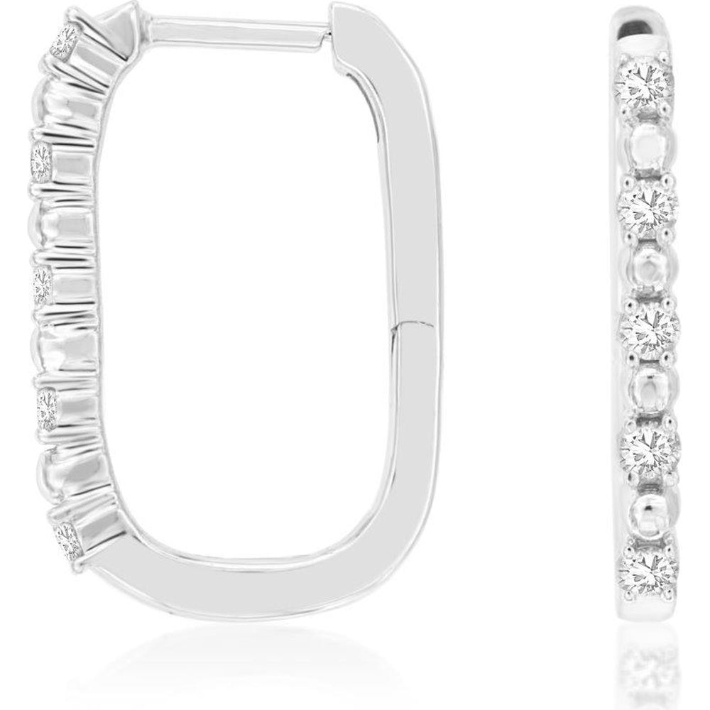 14K White Gold Small Elongated Hoop Earrings with Prong-Set Round Diamonds - 0.22 Carat Total Diamond Weight - Royal Jewelry