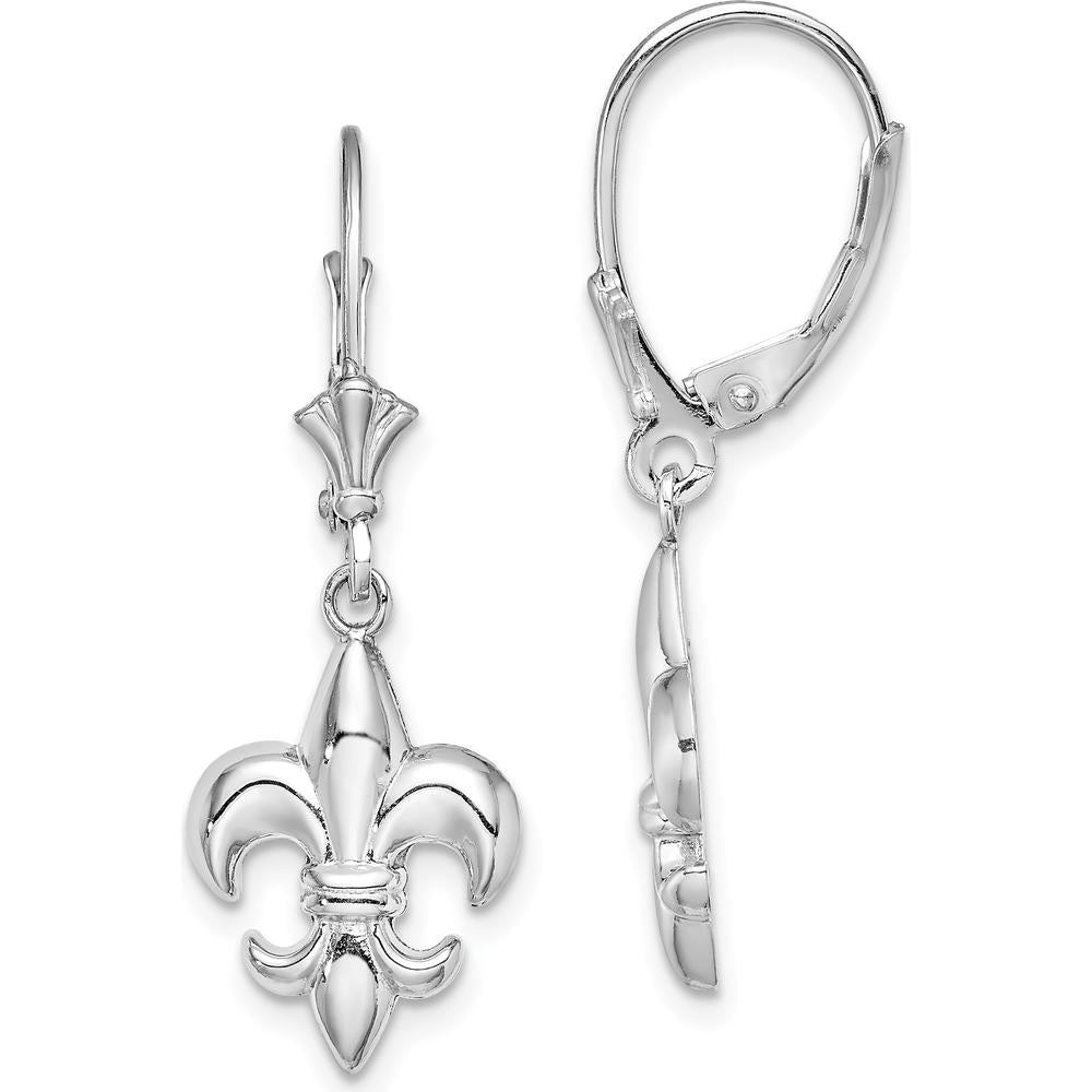 14K White Gold Small Fleur-de-Lis Drop Earrings with Leverback Closure - 33mm Length by 0
