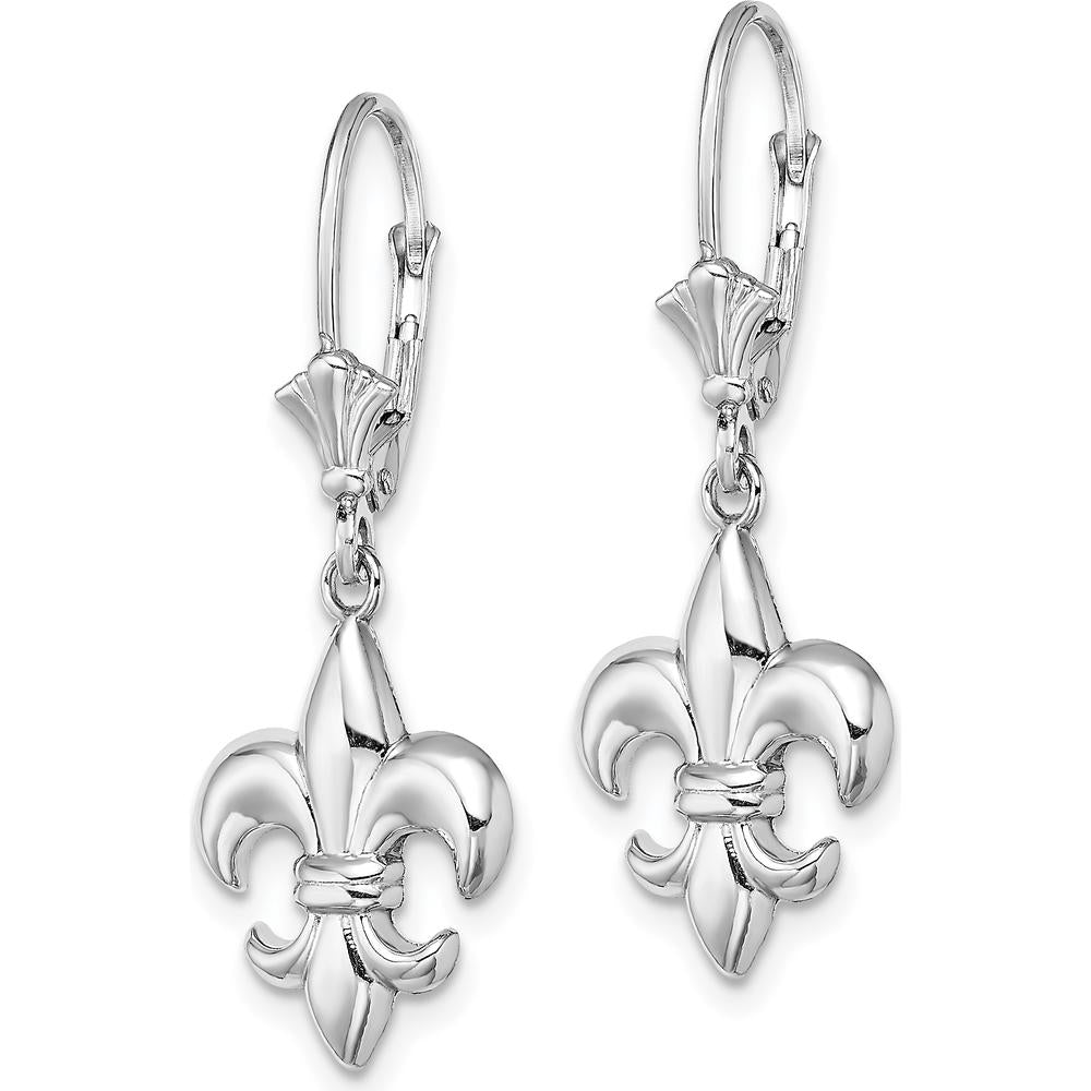 14K White Gold Small Fleur-de-Lis Drop Earrings with Leverback Closure - 33mm Length by 0