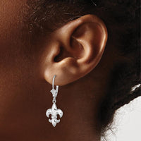 14K White Gold Small Fleur-de-Lis Drop Earrings with Leverback Closure - 33mm Length by 0