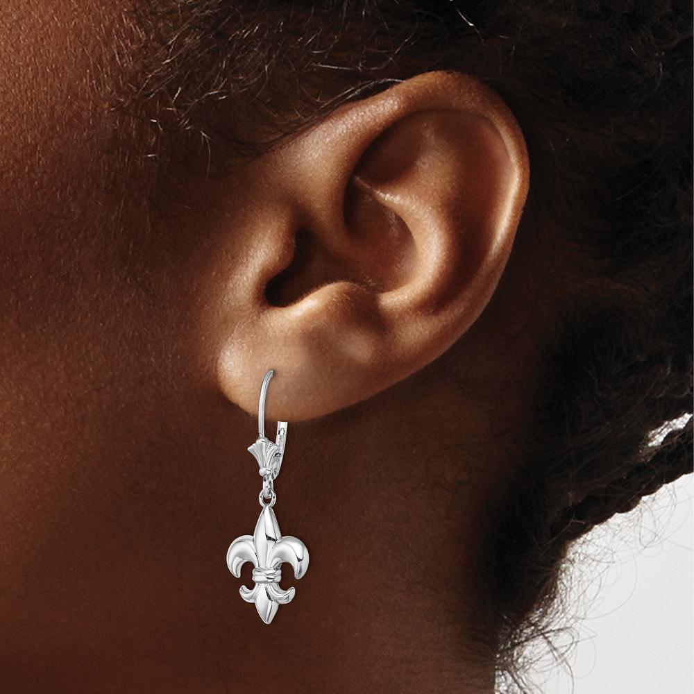 14K White Gold Small Fleur-de-Lis Drop Earrings with Leverback Closure - 33mm Length by 0