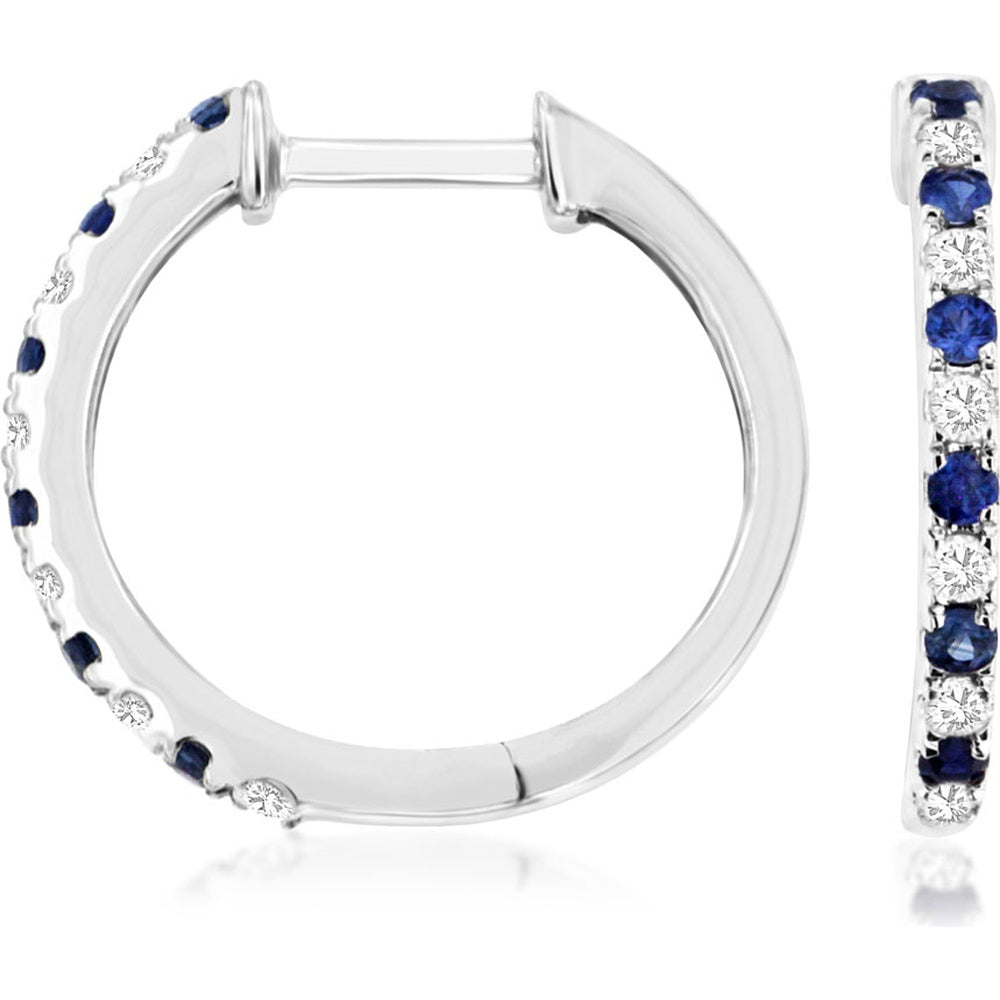 14K White Gold Small Hoop Earrings with Alternating Round Sapphires and Diamonds - 0.12 Carat Total Diamond Weight and 0.15 Carat Total Sapphire Weight - Royal Jewelry