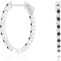 14K White Gold Small Hoop Earrings with Alternating Round Sapphires and Diamonds - 0.62 Carat Total Sapphire Weight and 0.53 Carat Total Diamond Weight - Royal Jewelry