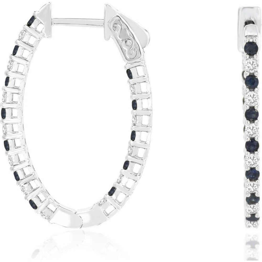 14K White Gold Small Hoop Earrings with Alternating Round Sapphires and Diamonds - 0.62 Carat Total Sapphire Weight and 0.53 Carat Total Diamond Weight - Royal Jewelry