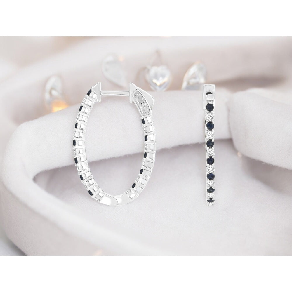 14K White Gold Small Hoop Earrings with Alternating Round Sapphires and Diamonds - 0.62 Carat Total Sapphire Weight and 0.53 Carat Total Diamond Weight - Royal Jewelry