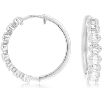 14K White Gold Small Hoop Earrings with Baguette and Round Diamond Pattern - 0.50 Carat Total Diamond Weight - Royal Jewelry
