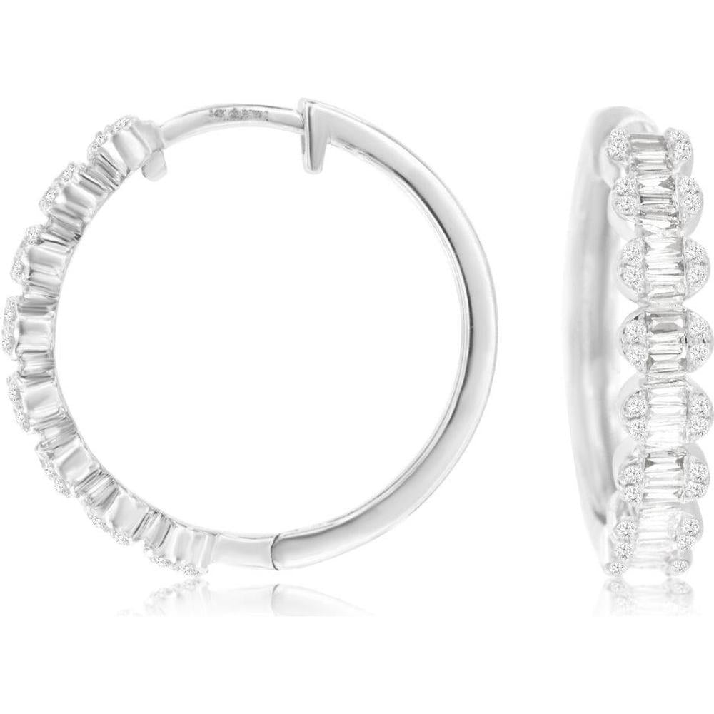 14K White Gold Small Hoop Earrings with Baguette and Round Diamond Pattern - 0.50 Carat Total Diamond Weight - Royal Jewelry
