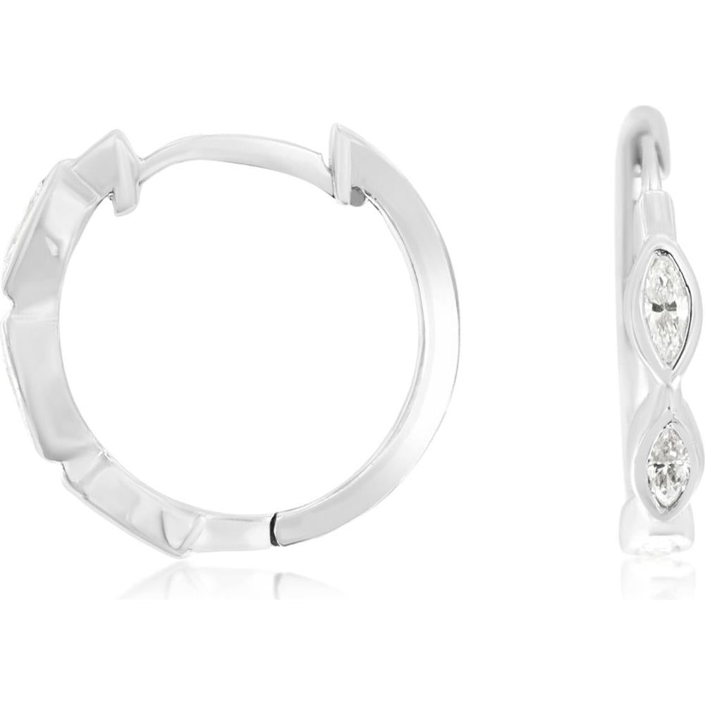 14K White Gold Small Hoop Earrings with Bezel Set Marquise Cut Diamonds - 0.50 Carat Total Diamond Weight - Royal Jewelry